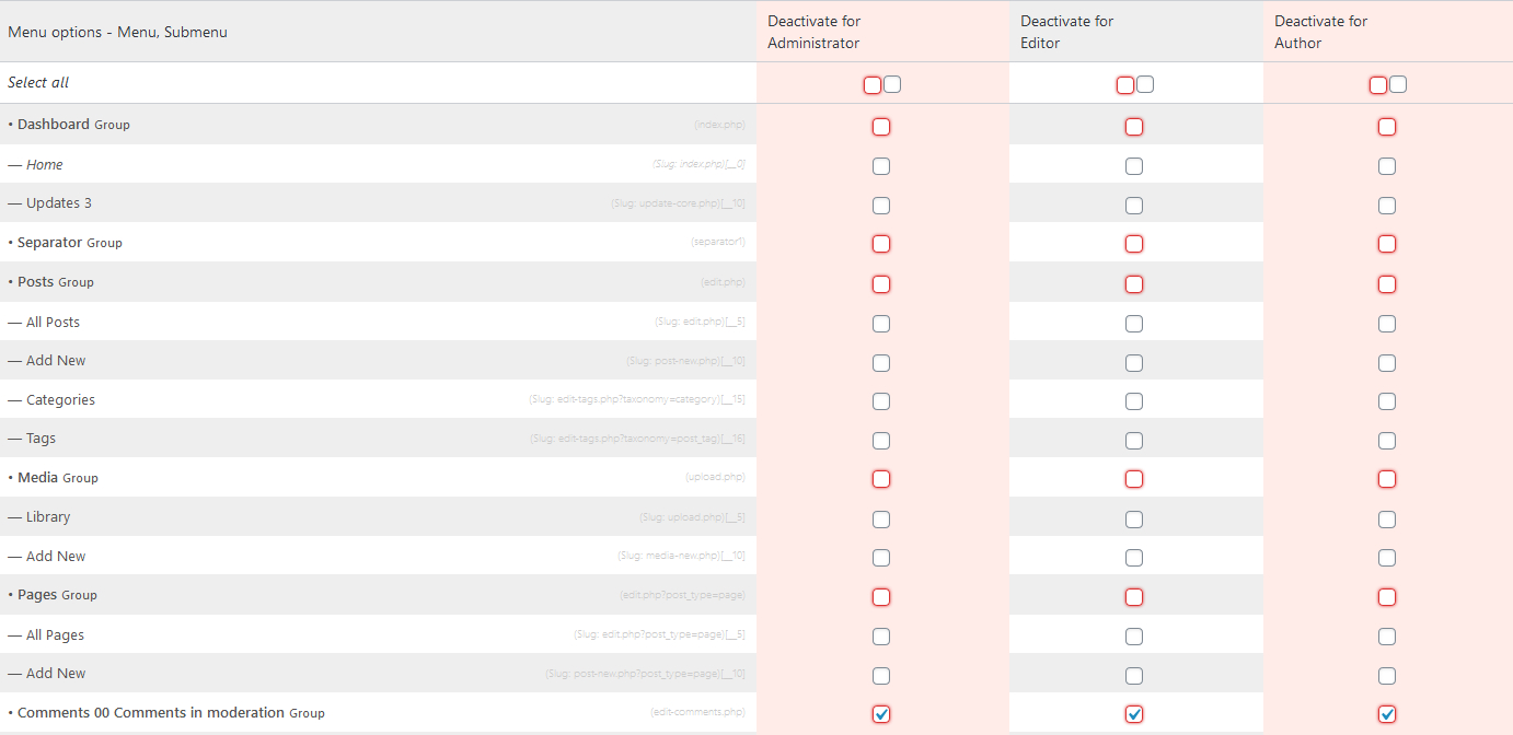 Adminimize comments disabled