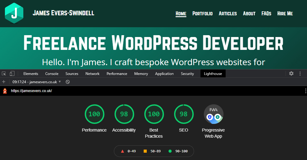 Screenshot of jamesevers.co.uk Lighthouse test