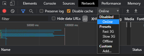 Screenshot of Chome Broswer dev tools looking at disabling caching and network throttling